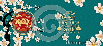 Set Banner Happy Chinese New Year 2019, Year of the Pig. Lunar new year. Chinese characters mean Happy New Year Vector Illustration