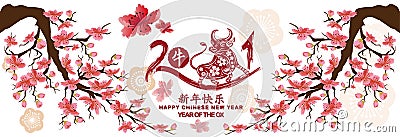 Set Banner Happy new year 2021 greeting card and chinese new year of the Ox, Cherry blossom background Chinese translation Happy Vector Illustration