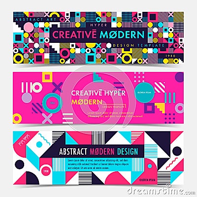 Set of Banner template with geometric shapes and patterns, 80s memphis geometric style. Vector Illustration