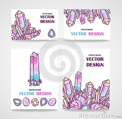 Set of banners and business cards with crystals. Vector poster with magical crystals. Vector Illustration