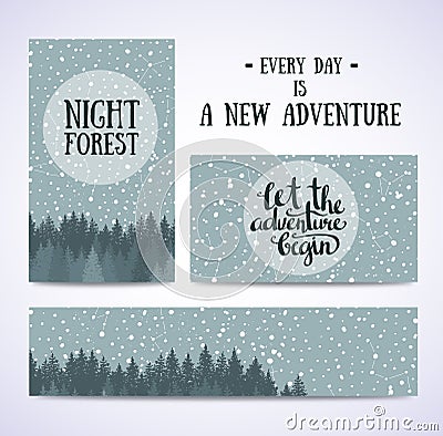 Set of banners and cards with night sky with stars and forest. Vector hand drawn illustration. Vector Illustration