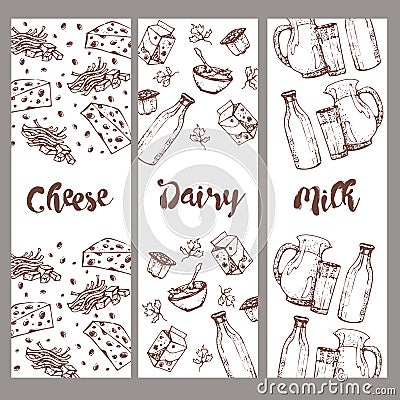 Set of banners dairy products, hand drawn, sketches foods. Vector Illustration