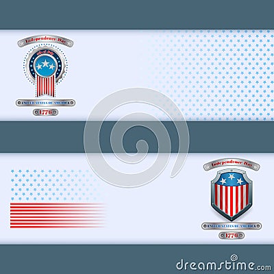 Set of banners design with badge, metallic shield and national flag colors for fourth of July, American Independence Day Vector Illustration