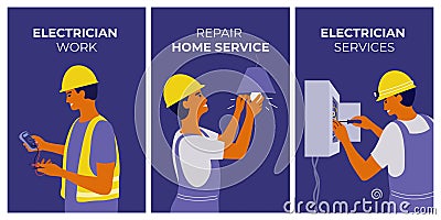 Set of vector illustrations electrical industry, electrician work, repair home service with working engineer Vector Illustration