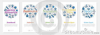 Set banners with icons, winter entertainment, mobile app design flat style vector illustration, isolated on white. Vector Illustration