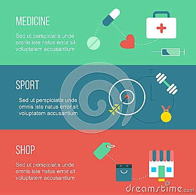 Set of banners, including medicine, sport and shopping, with drug, shop, and gym Vector Illustration