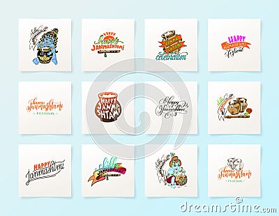 Set of 12 banners logo design label to janmashtami Vector Illustration