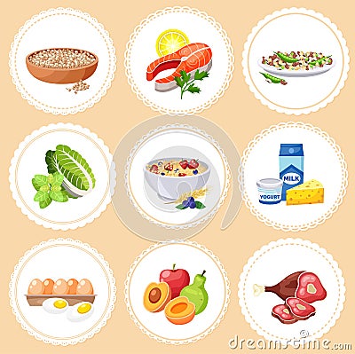 Set of banners, stickers for the recipe cards. Images of products in round lace frames for cooking Vector Illustration