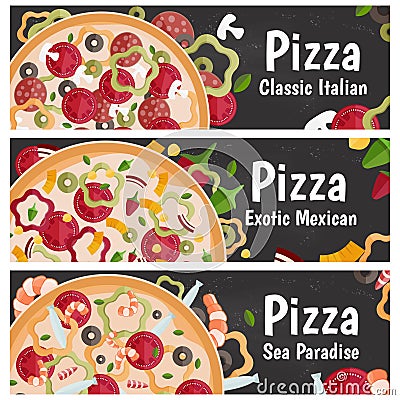 Set of banners for theme pizza different tastes flat design Vector Illustration