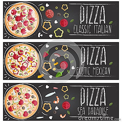 Set of banners for theme pizza different tastes flat design Vector Illustration