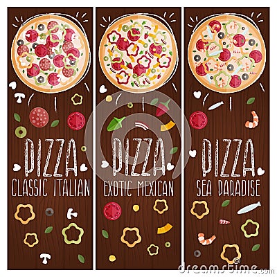 Set of banners for theme pizza different tastes flat design Vector Illustration