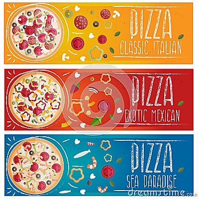 Set of banners for theme pizza different tastes flat design Vector Illustration