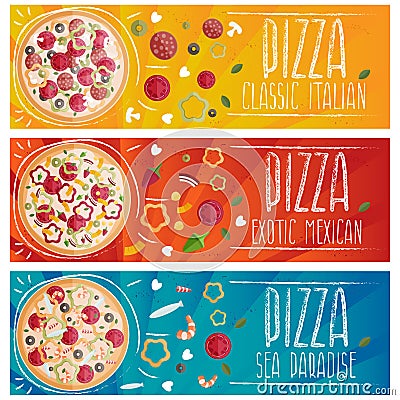 Set of banners for theme pizza different tastes flat design Vector Illustration