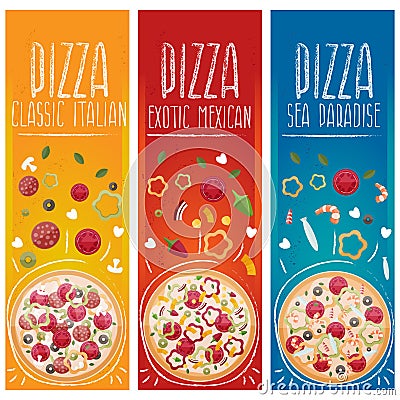 Set of banners for theme pizza different tastes flat design Vector Illustration