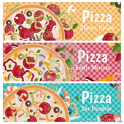 Set of banners for theme pizza different tastes flat design Vector Illustration