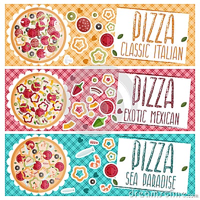 Set of banners for theme pizza with tastes flat design Vector Illustration
