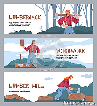Set of banners with woodworker works at sawmill in flat vector illustration. Vector Illustration