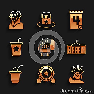 Set Barbecue grill, Medal with star, Statue of Liberty, United States Capitol Congress, Beer pong game, Paper glass Vector Illustration
