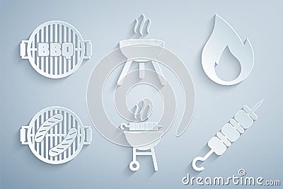 Set Barbecue grilled shish kebab, Fire flame, with sausage, Grilled, and icon. Vector Vector Illustration