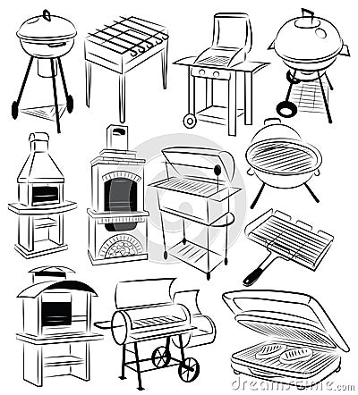 Set of barbecue grills. Collection of braziers. Black and white illustration. Linear art. Vector Illustration