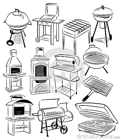 Set of barbecue grills. Collection of braziers. Black and white illustration. Linear art. Vector Illustration
