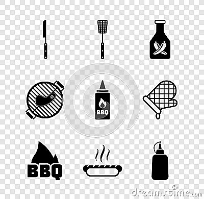 Set Barbecue knife, spatula, Ketchup bottle, fire flame, Hotdog sandwich, Mustard, grill with steak and icon. Vector Vector Illustration