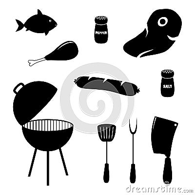 Set of barbecue related icons, food, grill and tools Vector Illustration