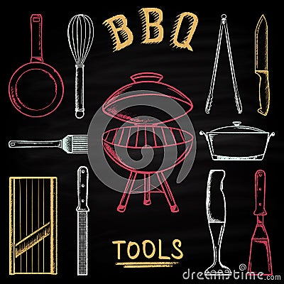 Set of barbecue tools drawn in colored chalk on a blackboard. Hot brazier, grater to peel, blender, frying pan, tongs, knife. Vector Illustration