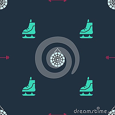 Set Barbell, Classic dart board and Skates on seamless pattern. Vector Vector Illustration