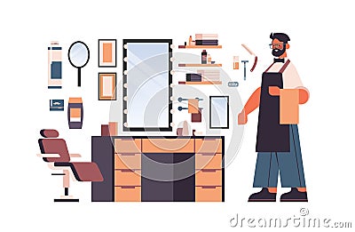 set barbershop tools with male barber character in uniform shaving and hairdresser equipments collection Vector Illustration