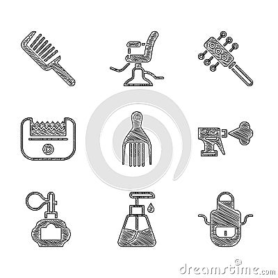 Set Barrette, Cream cosmetic tube, Barber apron, Hairdresser pistol spray bottle, Aftershave, Electrical hair clipper Vector Illustration