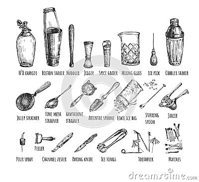 Set bartender equipment and tools Vector Illustration