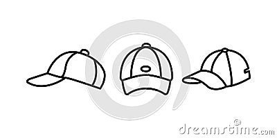 Set of Base ball cap vector icons. Black linear Baseball hat icons vector on white background. Black silhouette. Vector Illustration