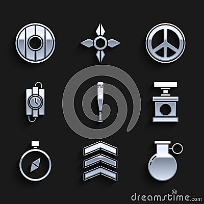 Set Baseball bat, Military rank, Hand grenade, Handle detonator for dynamite, Compass, stick timer clock, Peace and Vector Illustration