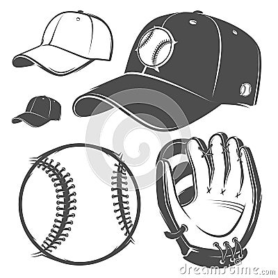 Set of baseball cap ball bat helmet monochrome style for emblems ,logo and labels. Vector Illustration