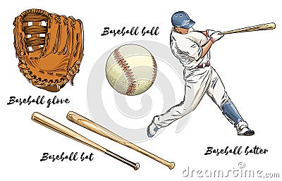 Set of baseball in color. Isolated on white background. Hand-drawn elements such as baseball player, glove, bat and ball Vector Illustration