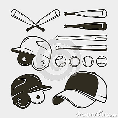 Set of baseball equipment and gear. bat, helmet, cap, balls. vector illustration Vector Illustration