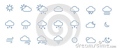 Set of 21 basic blue contour weather icons. Isolated vector illustration. Vector Illustration