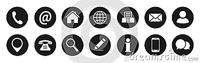 Set basic contact icons, communication button signs, call, mail, address, fax, user profile, phone number, correspondence Vector Illustration