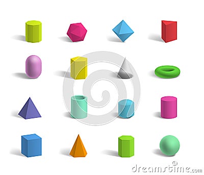 Set of basic 3d geometric shapes colorful sphere, torus, cube, pyramids isolated Vector Illustration