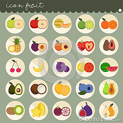 25 set Basic Flat design, colors of fruits vector collections, Set of fruits are apple, banana, orange, grapes, cherries, strawber Cartoon Illustration