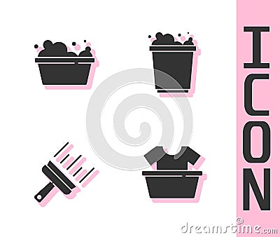 Set Basin with shirt, soap suds, Rubber cleaner for windows and Bucket foam icon. Vector Vector Illustration