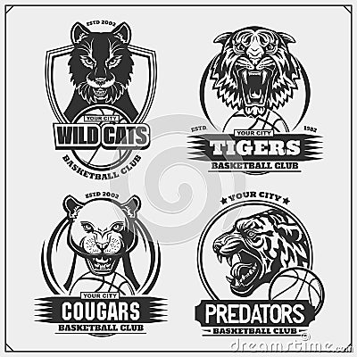 Set of basketball emblems, badges, logos and labels with tiger, cougar and wildcat. Print design for t-shirt. Vector Illustration