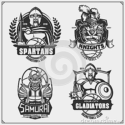 Set of basketball labels, emblems, badges with ancient warriors. Print design for t-shirt. Vector Illustration