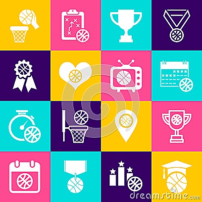Set Basketball training, Award cup with basketball, on sport calendar, Heart, award, and and match tv icon. Vector Stock Photo