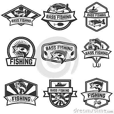 Set of bass fishing emblem templates on white backgroun Vector Illustration