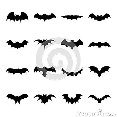 Set of bat silhouette flat icon on white background, halloween symbol for web. Vector Illustration