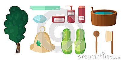 Set of bathhouses in cartoon style. Vector illustration of baths, brush, soaps, towels, slippers, bath caps, oak broom Vector Illustration