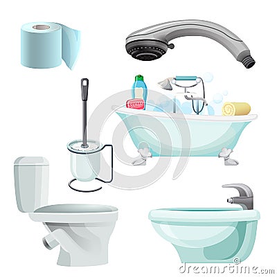 Set of bathroom equipment realistic vector illustration. Bidet, toilet, bath Vector Illustration