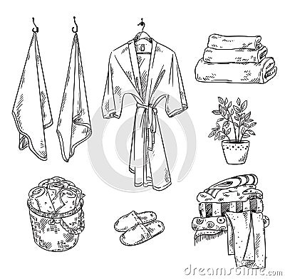 Set of bathroom textile objects: towels, robe, slippers Vector Illustration